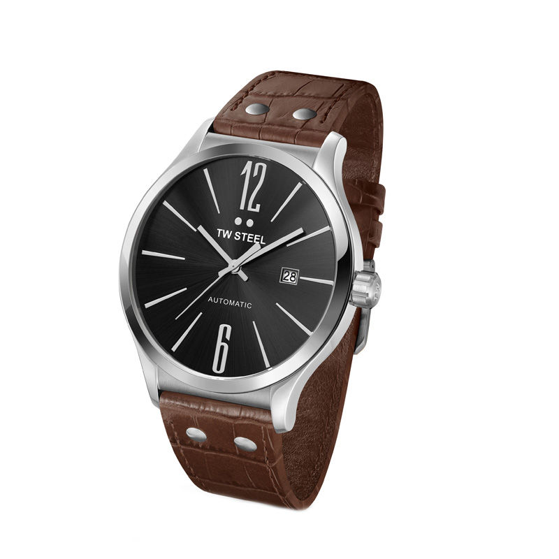 Main Image 1 of Men's TW Steel Slim Line Automatic Leather Strap Watch with Black Dial (Model: TWA1310)