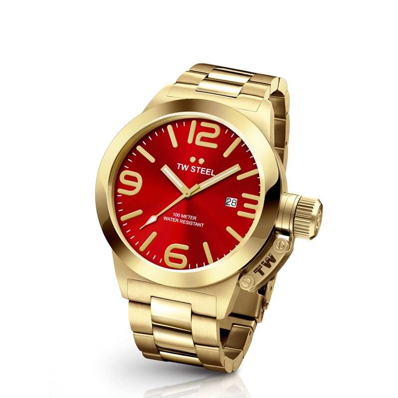 Men's TW Steel Canteen Gold-Tone Watch with Red Dial (Model: CB111)