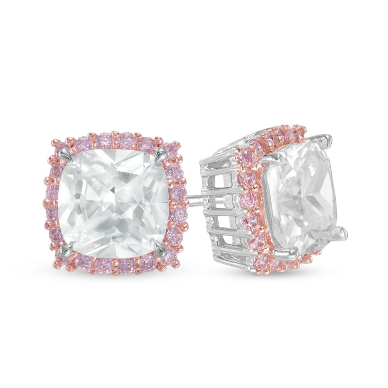 7.0mm Cushion-Cut Lab-Created White and Pink Sapphire Frame Stud Earrings in Sterling Silver and 18K Rose Gold Plate