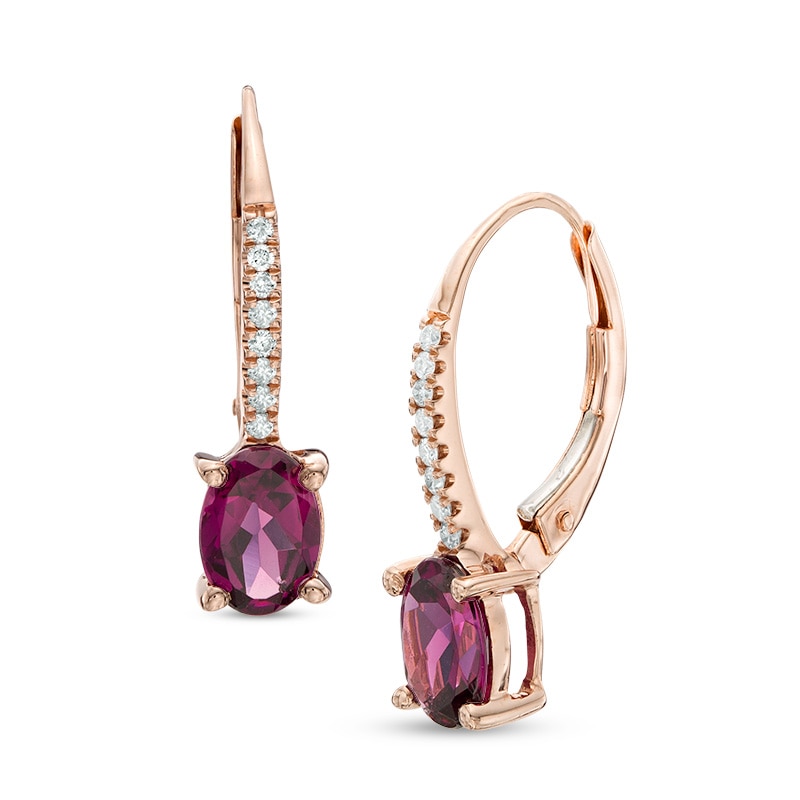 Main Image 1 of Oval Rhodolite Garnet and Diamond Accent Drop Earrings in 10K Rose Gold