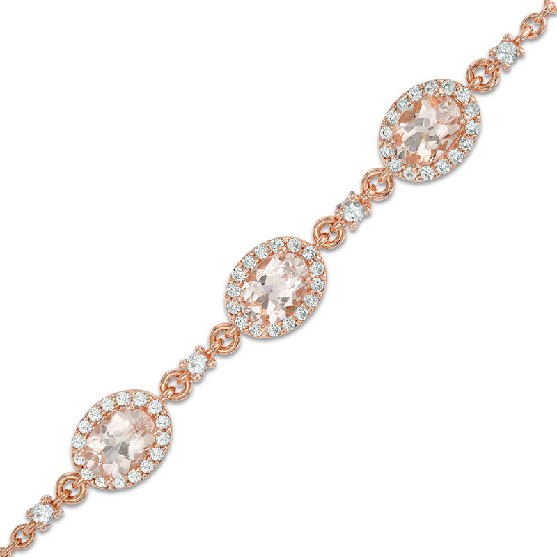 Oval Morganite and Lab-Created White Sapphire Frame Three Stone Bracelet in Sterling Silver with 14K Rose Gold Plate