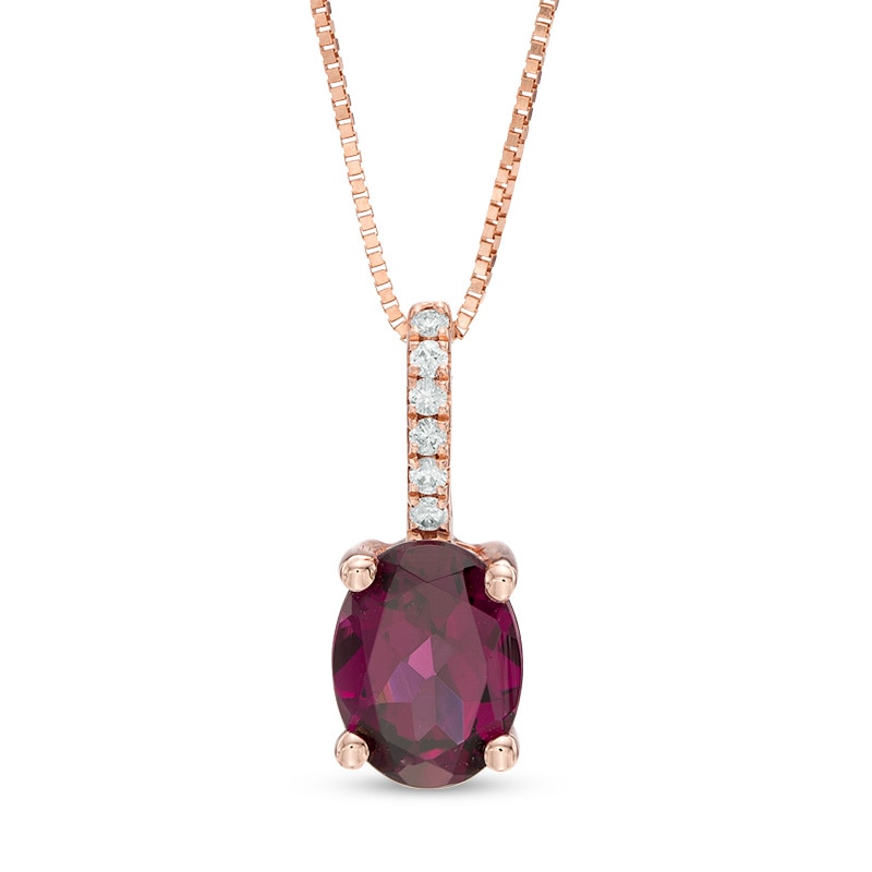Oval Rhodolite Garnet and Diamond Accent Drop Pendant in 10K Rose Gold