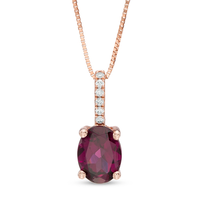 Main Image 1 of Oval Rhodolite Garnet and Diamond Accent Drop Pendant in 10K Rose Gold