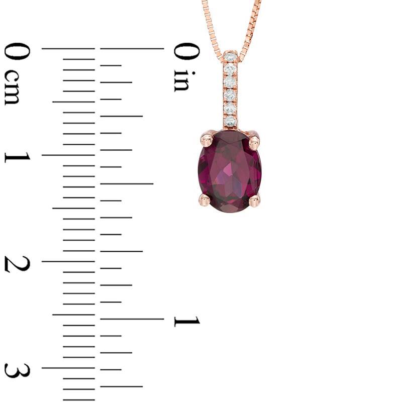 Main Image 2 of Oval Rhodolite Garnet and Diamond Accent Drop Pendant in 10K Rose Gold