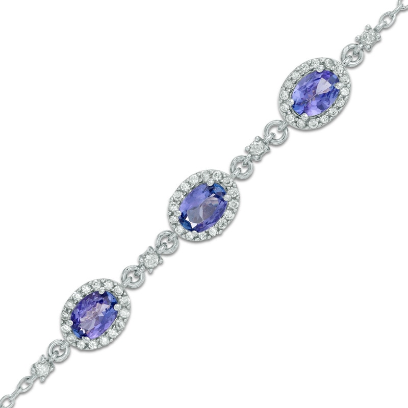 Main Image 1 of Oval Tanzanite and Lab-Created White Sapphire Frame Three Stone Bracelet in Sterling Silver