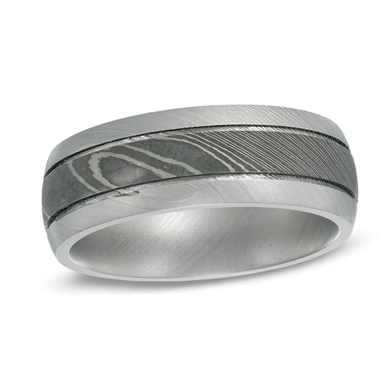 8.0mm Comfort Fit Double Groove Damascus Stainless Steel Wedding Band - Size 10