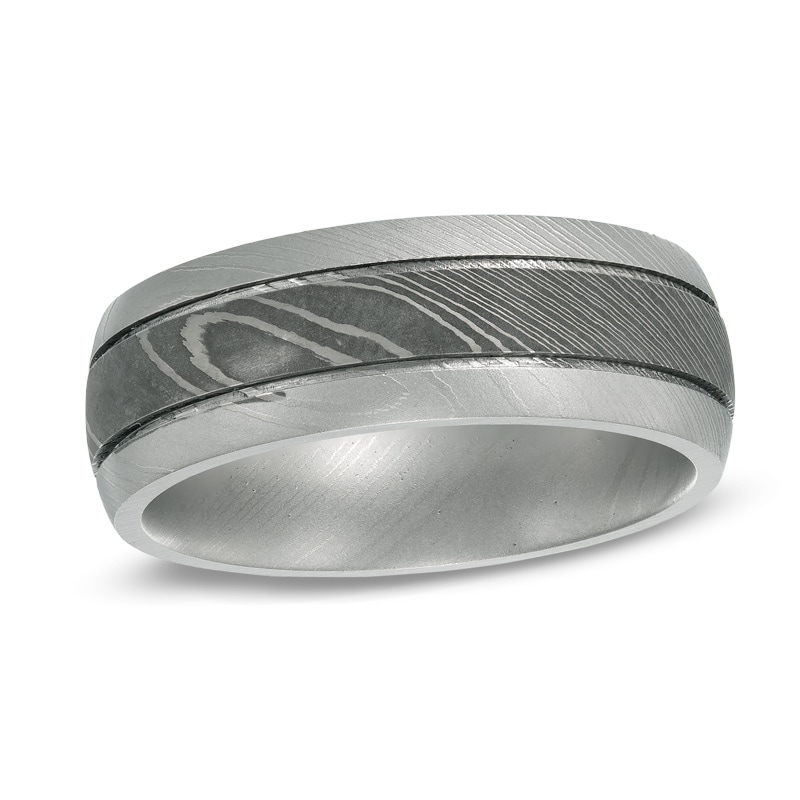 Main Image 1 of 8.0mm Comfort Fit Double Groove Damascus Stainless Steel Wedding Band - Size 10