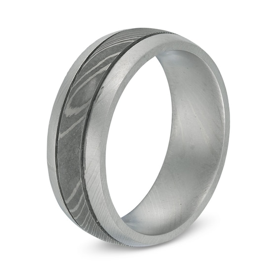 8.0mm Comfort Fit Double Groove Damascus Stainless Steel Wedding Band - Size 10