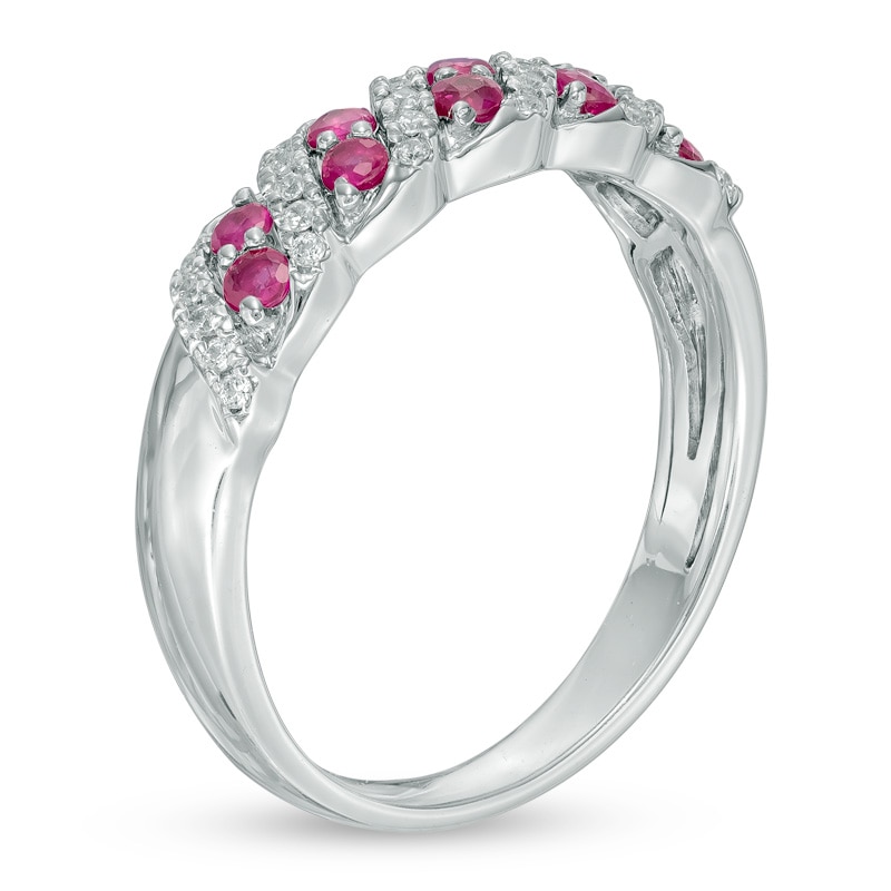 Main Image 2 of Lab-Created Ruby and 1/8 CT. T.W. Diamond Twist Band in 10K White Gold