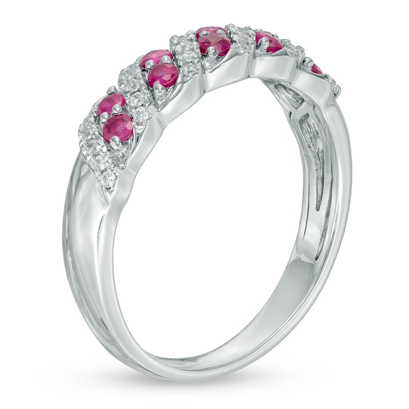 Lab-Created Ruby and 1/8 CT. T.W. Diamond Twist Band in 10K White Gold