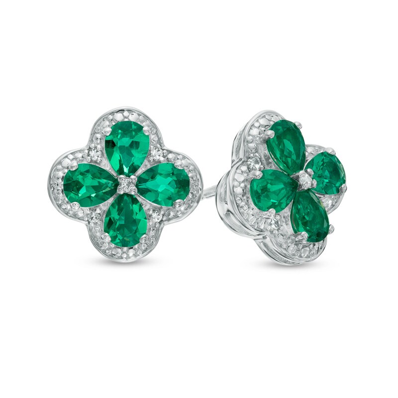 Main Image 1 of Pear-Shaped Lab-Created Emerald and White Sapphire Clover Stud Earrings in Sterling Silver