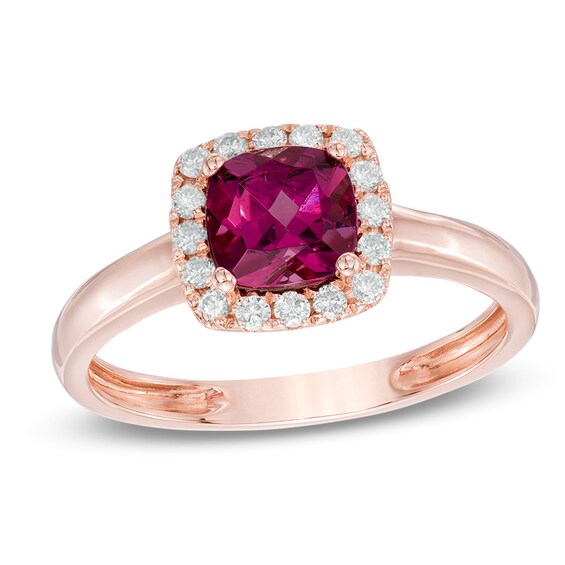6.0mm Cushion-Cut Rhodolite Garnet and 1/6 CT. T.w. Diamond Frame Ring in 10K Rose Gold