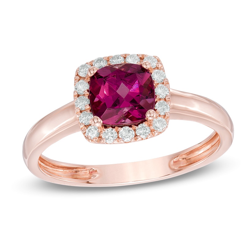 Main Image 1 of 6.0mm Cushion-Cut Rhodolite Garnet and 1/6 CT. T.W. Diamond Frame Ring in 10K Rose Gold