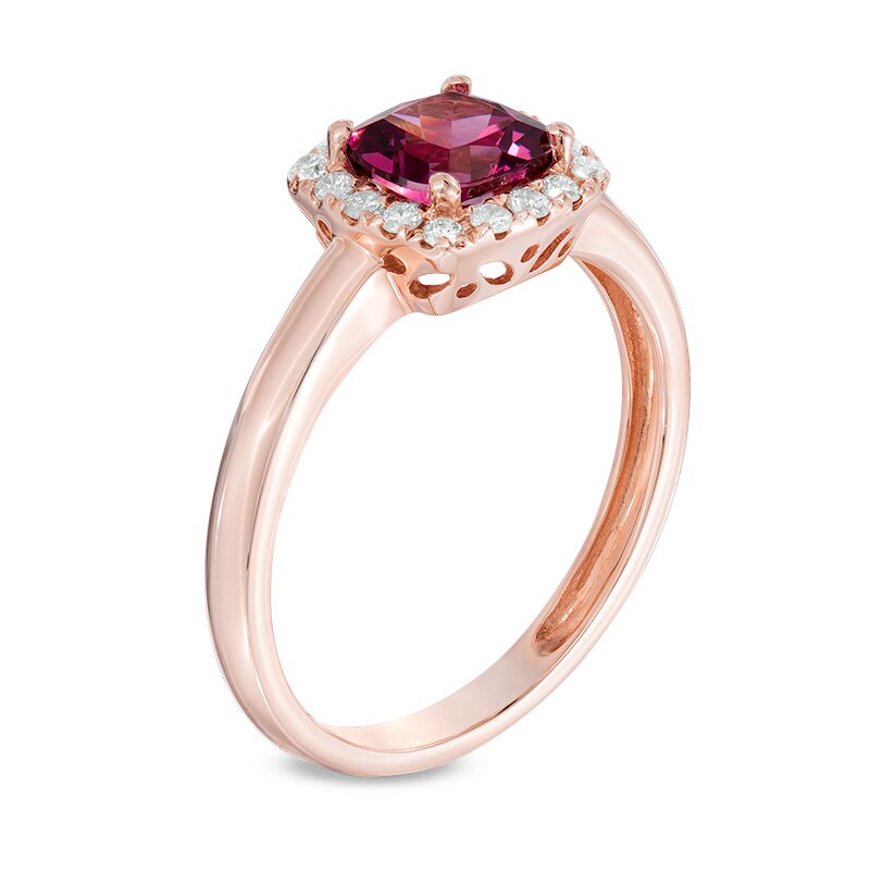 Main Image 2 of 6.0mm Cushion-Cut Rhodolite Garnet and 1/6 CT. T.W. Diamond Frame Ring in 10K Rose Gold