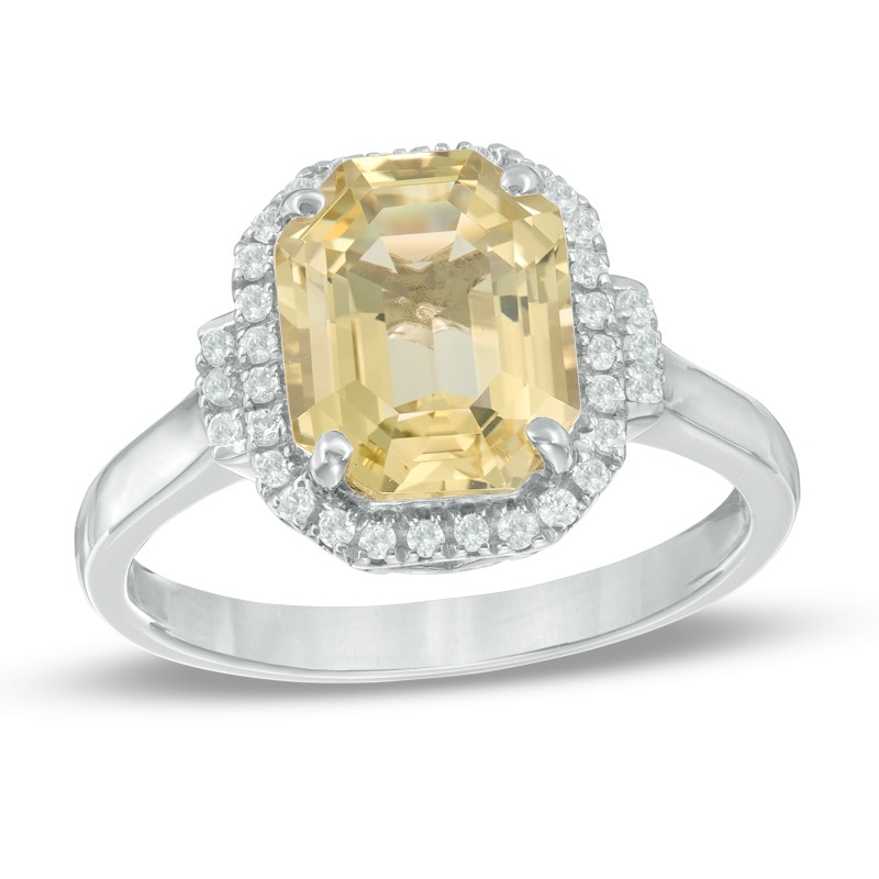 Main Image 1 of Emerald Cut Lemon Quartz and Lab-Created White Sapphire Frame Ring in Sterling Silver