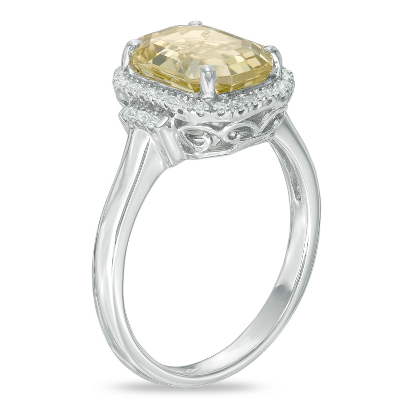 Main Image 2 of Emerald Cut Lemon Quartz and Lab-Created White Sapphire Frame Ring in Sterling Silver