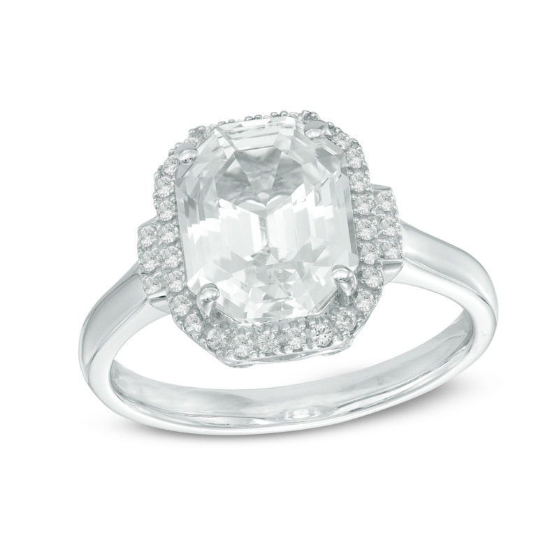 Main Image 1 of Emerald-Cut Lab-Created White Sapphire Frame Ring in Sterling Silver