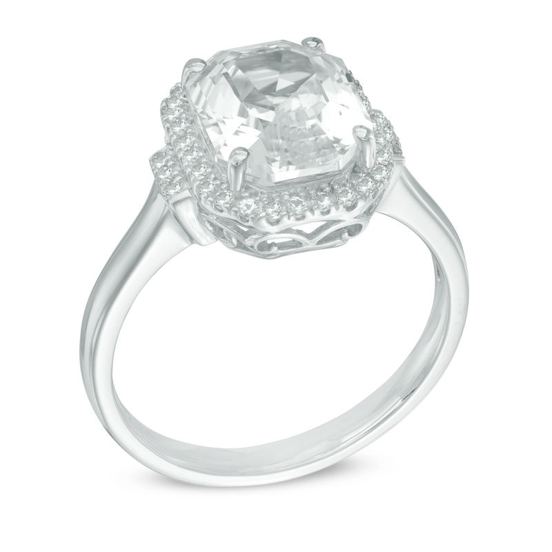 Main Image 2 of Emerald-Cut Lab-Created White Sapphire Frame Ring in Sterling Silver