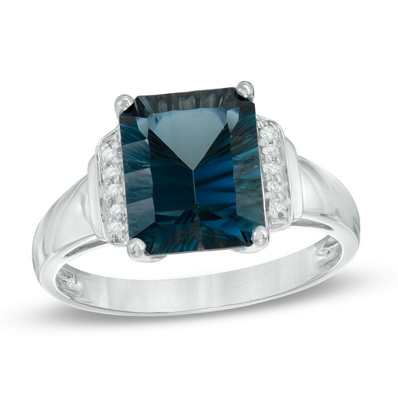 Main Image 1 of Emerald-Cut London Blue Topaz and Diamond Accent Ring in 10K White Gold