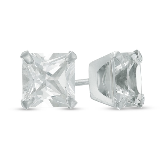 6.0mm Princess-Cut Lab-Created White Sapphire Stud Earrings in 14K White Gold