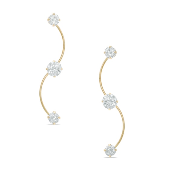 Cubic Zirconia Three Stone Curvy Crawler Earrings in 14K Gold