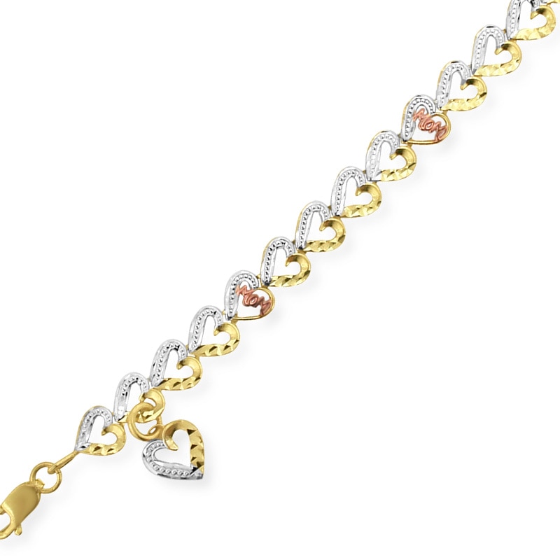 Main Image 1 of Diamond-Cut "MOM" Heart Link Bracelet in 10K Tri-Tone Gold