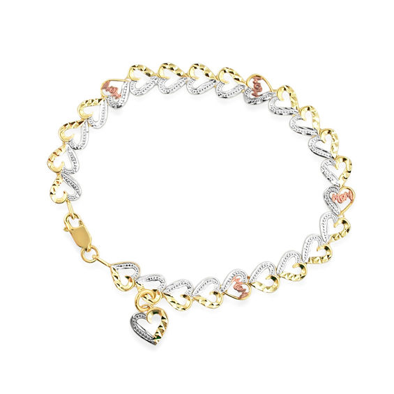 Diamond-Cut Mom Heart Link Bracelet in 10K Tri-Tone Gold