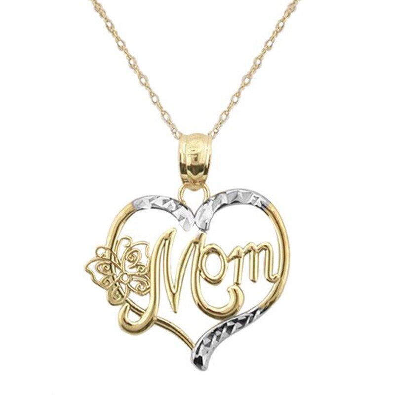 Main Image 1 of Diamond-Cut "MOM" with Butterfly Heart Pendant in 10K Two-Tone Gold