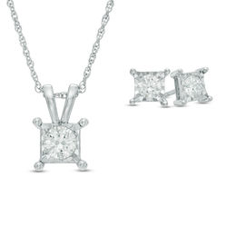 Jewelry Sets Gift Ideas Zales T W Diamond Solitaire Square Pendant And Earrings Set In 10k White Gold