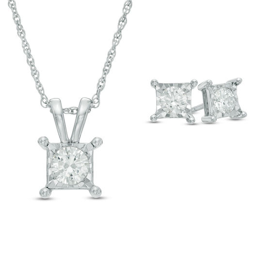 1 CT. T.W. Diamond Solitaire Square Pendant and Earrings ...