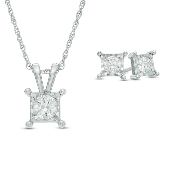 1 CT. T.w. Diamond Solitaire Square Pendant and Earrings Set in 10K White Gold