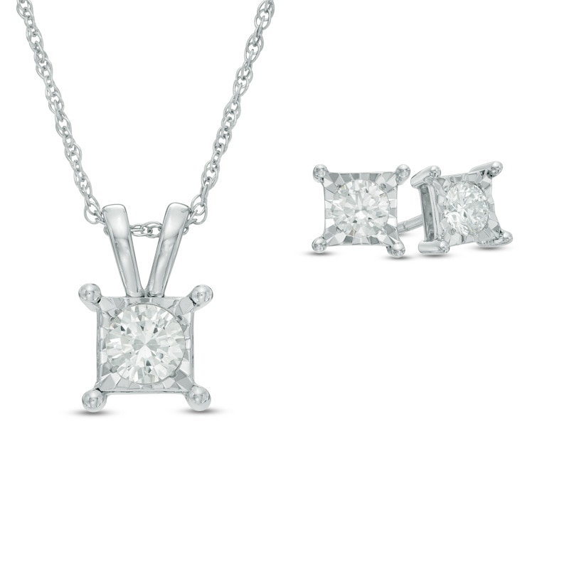 Main Image 1 of 1 CT. T.W. Diamond Solitaire Square Pendant and Earrings Set in 10K White Gold