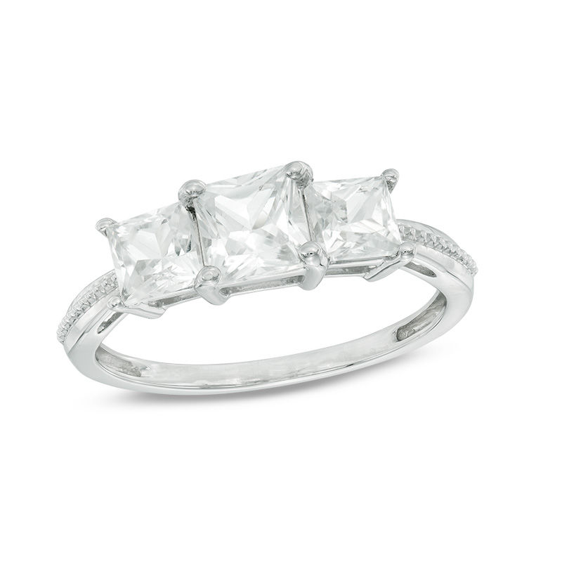 Main Image 1 of Princess-Cut Lab-Created White Sapphire Three Stone Ring in 10K White Gold