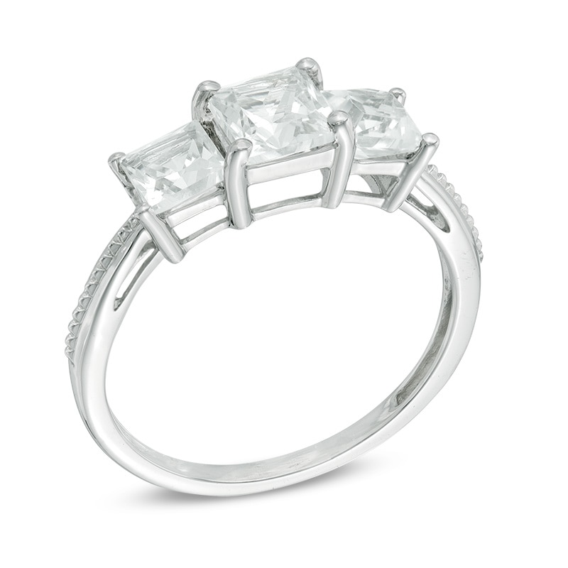 Main Image 2 of Princess-Cut Lab-Created White Sapphire Three Stone Ring in 10K White Gold