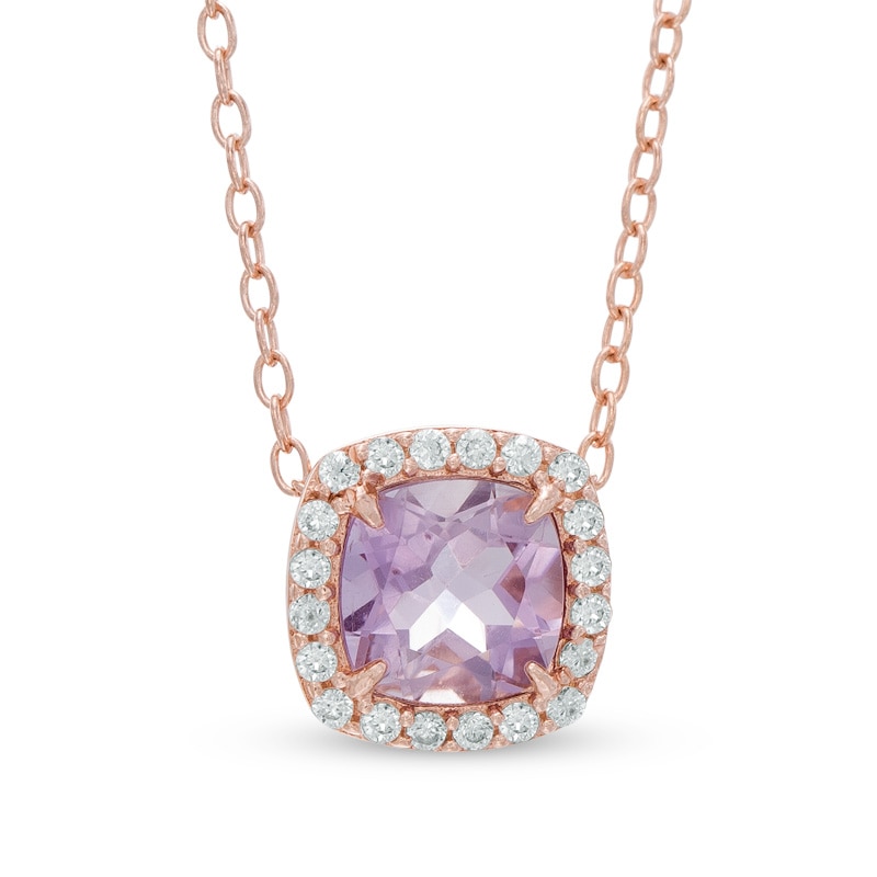 Main Image 1 of 6.0mm Cushion-Cut Amethyst and Lab-Created White Sapphire Frame Pendant in Sterling Silver and 14K Rose Gold Plate