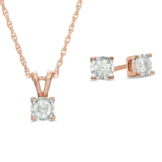 1/4 CT. T.w. Diamond Solitaire Pendant and Earrings Set in 10K Rose Gold