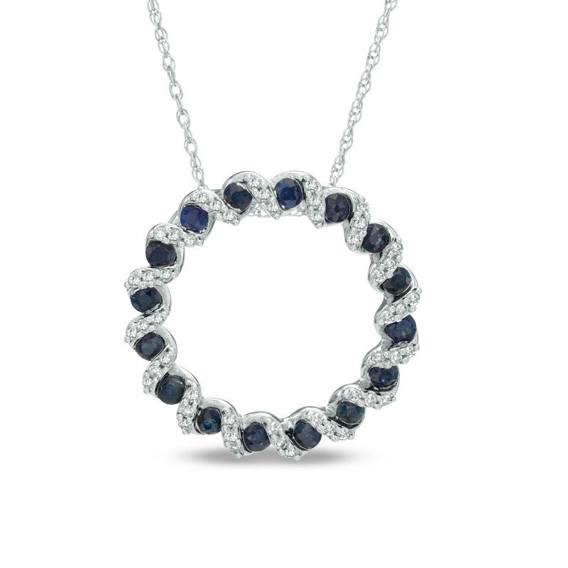 Main Image 1 of Blue Sapphire and 1/8 CT. T.W. Diamond Circle Twist Pendant in Sterling Silver