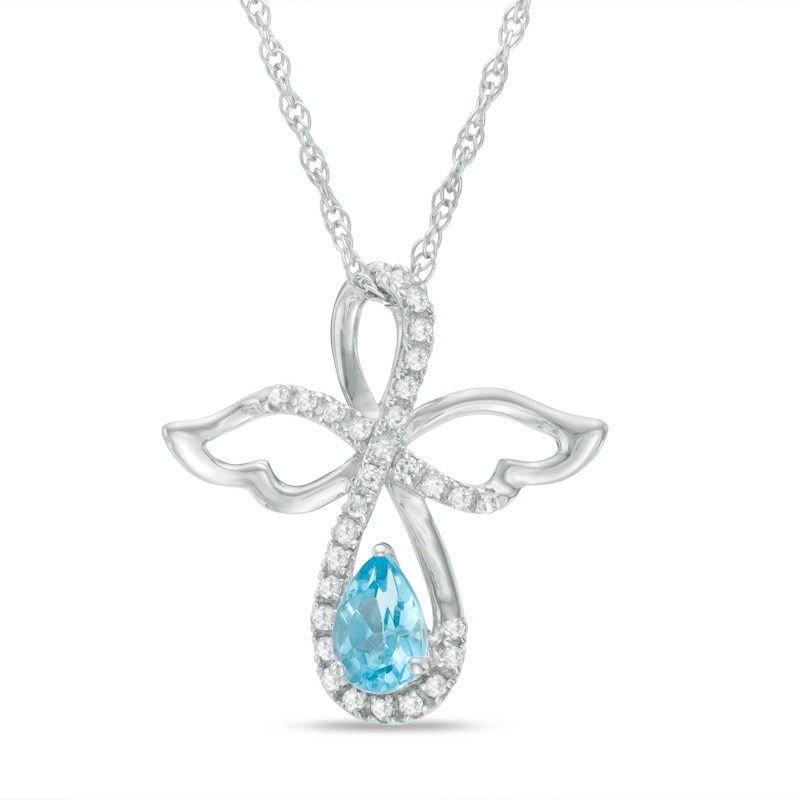 Pear-Shaped Swiss Blue Topaz and Lab-Created White Sapphire Infinity Angel Pendant in Sterling Silver