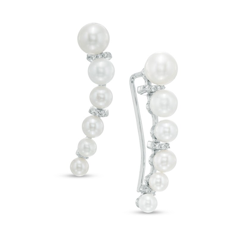 Main Image 1 of 3.1-5.0mm Freshwater Cultured Pearl and Lab-Created White Sapphire Crawler Earrings in Sterling Silver