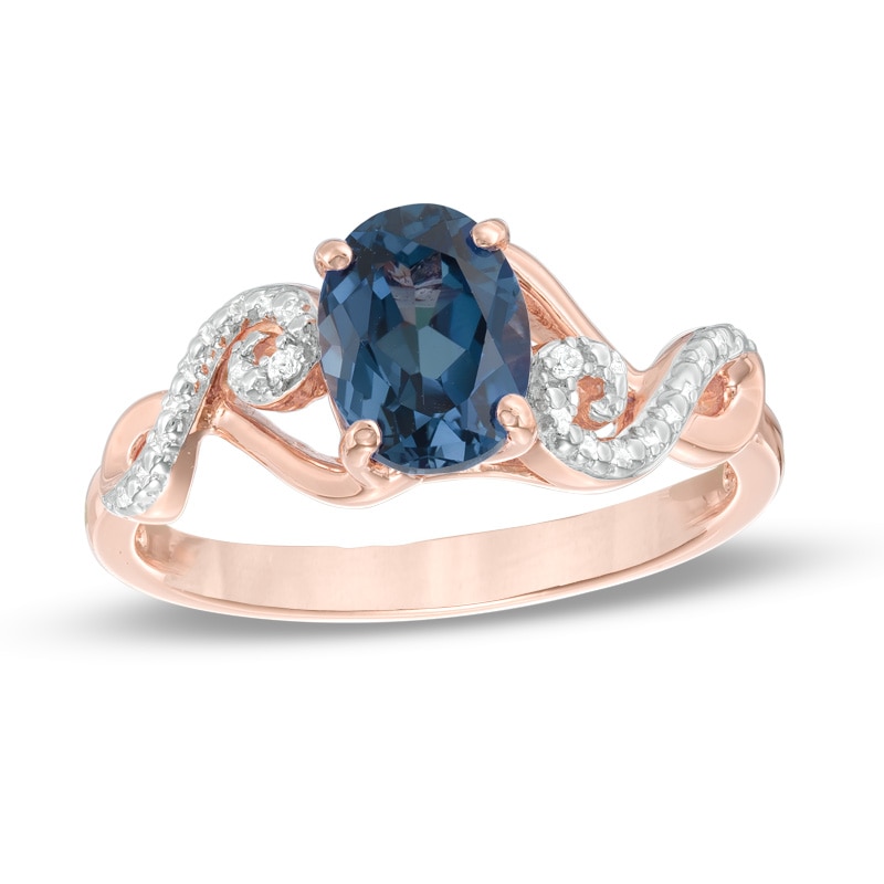 Main Image 1 of Oval London Blue Topaz and Lab-Created White Sapphire Twist Ring in 10K Rose Gold