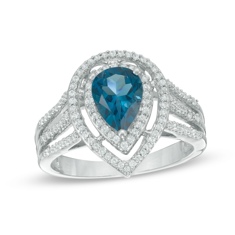 Pear-Shaped London Blue Topaz and Lab-Created White Sapphire Double Frame Ring in Sterling Silver