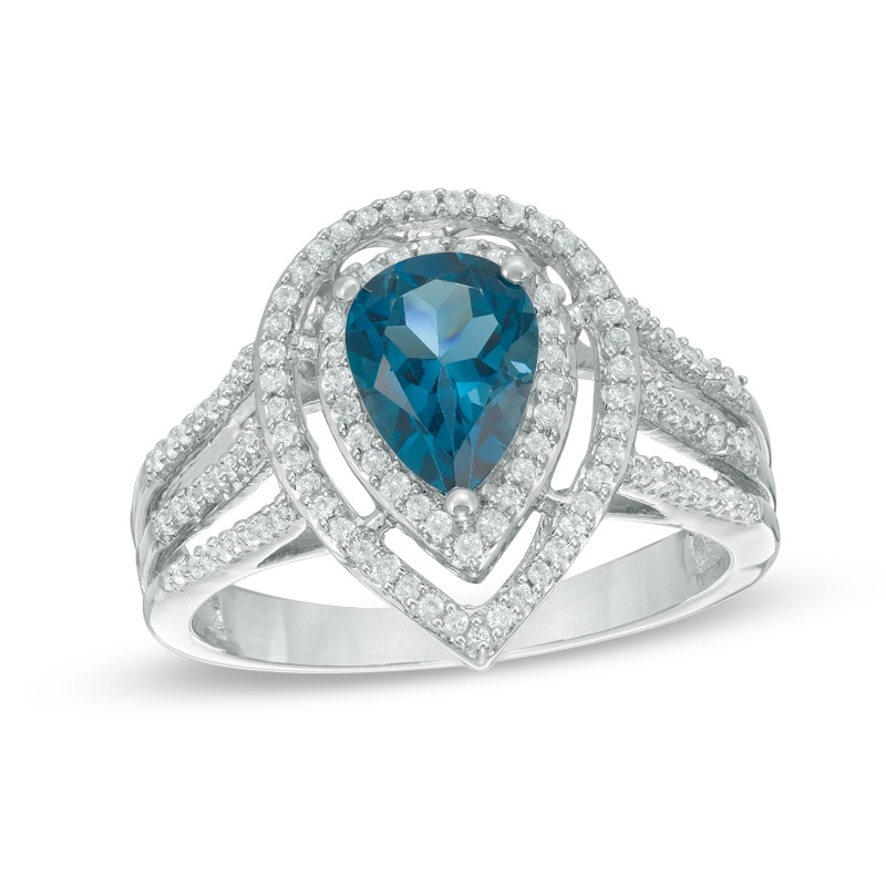Main Image 1 of Pear-Shaped London Blue Topaz and Lab-Created White Sapphire Double Frame Ring in Sterling Silver