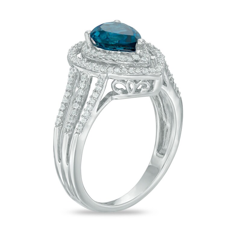 Main Image 2 of Pear-Shaped London Blue Topaz and Lab-Created White Sapphire Double Frame Ring in Sterling Silver