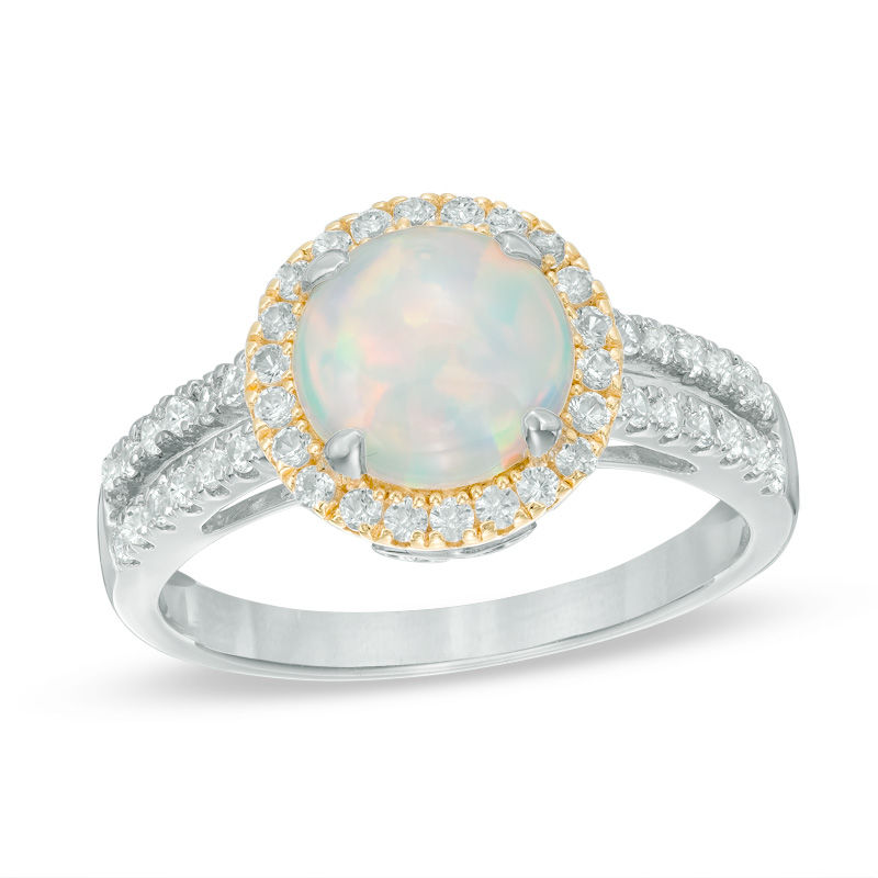 Main Image 1 of 8.0mm Lab-Created Opal and White Sapphire Frame Split Shank Ring in Sterling Silver and 14K Gold Plate