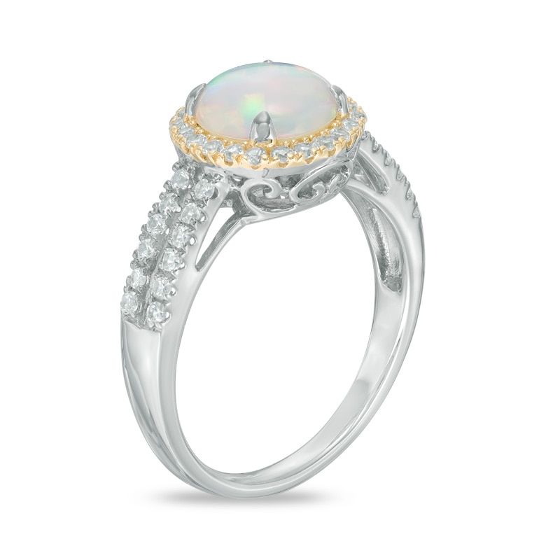 Main Image 2 of 8.0mm Lab-Created Opal and White Sapphire Frame Split Shank Ring in Sterling Silver and 14K Gold Plate