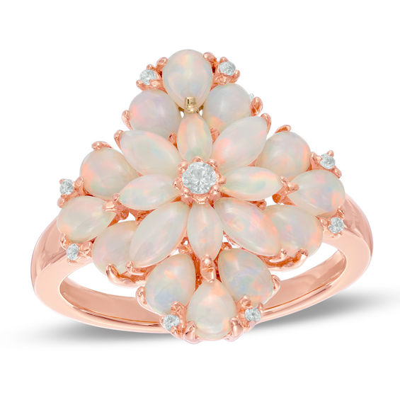 Lab-Created Opal and White Sapphire Flower Ring in Sterling Silver and 14K Rose Gold Plate