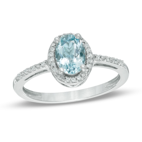 Oval Aquamarine and Lab-Created White Sapphire Frame Ring in 10K White Gold