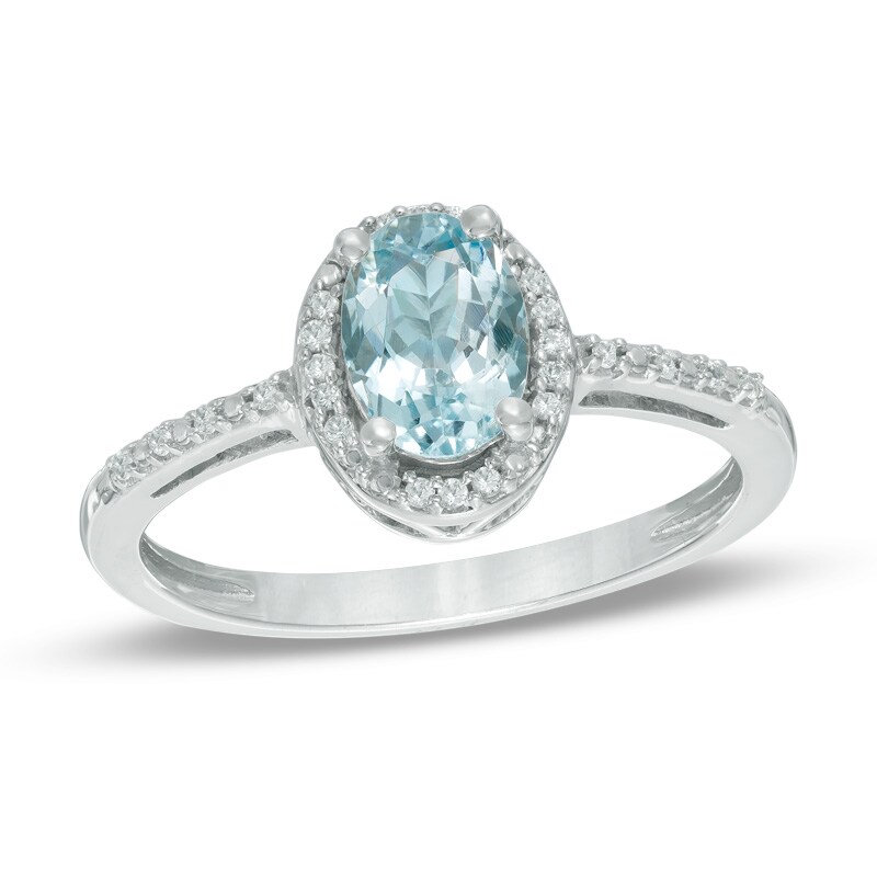 Main Image 1 of Oval Aquamarine and Lab-Created White Sapphire Frame Ring in 10K White Gold