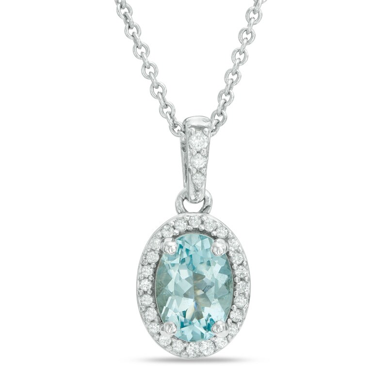 Main Image 1 of Oval Aquamarine and Lab-Created White Sapphire Frame Pendant in 10K White Gold