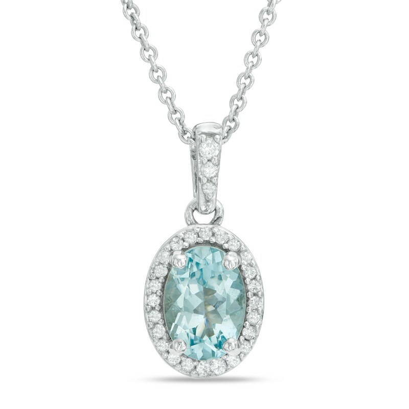 Oval Aquamarine and Lab-Created White Sapphire Frame Pendant in 10K White Gold